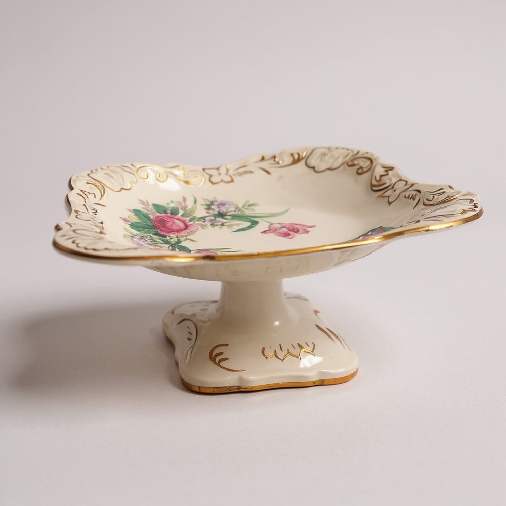 Vintage Floral Compote Pedestal Dish Raised Gold Trim - Shabby Chic Cottagecore